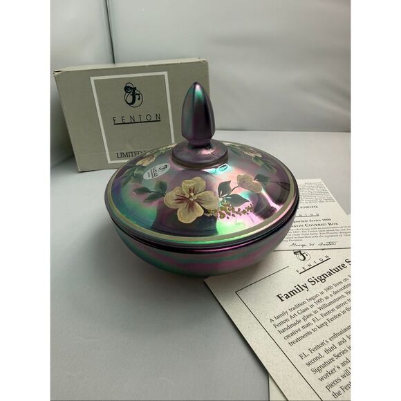 Fenton Other - Fenton Violet Iridescent Candy Box w/ Lid – Hand Painted Flowers – Signed by Nan